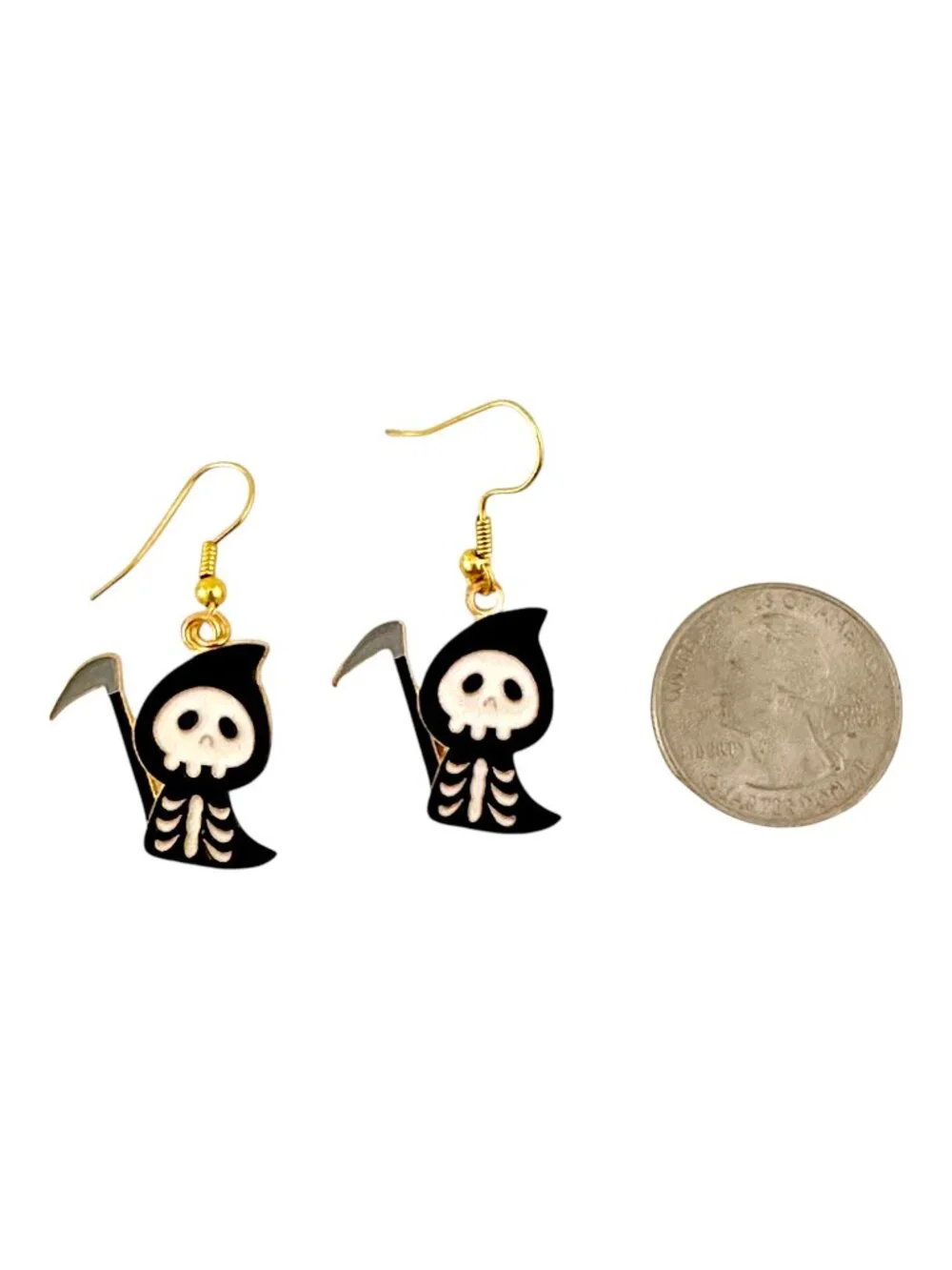 Grim Reaper Enamel Earrings Gold Plated French Hook Ear Wires 1 5/8